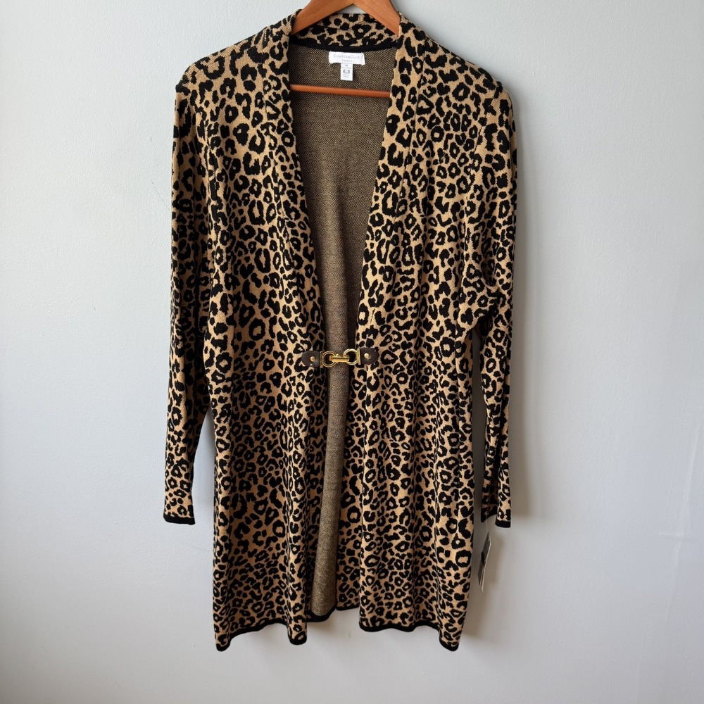 Charter Club Leopard Print Duster Womens 2X Sweater Cardigan Goldtone Clasp